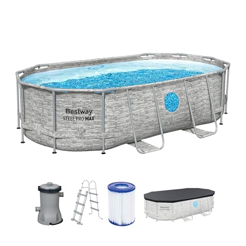 Bestway Power Steel Swim Vista Series Frame Pool Komplett-Set mit Filterpumpe 427 x 250 x 100 cm, Steinwand-Optik (Cremegrau), oval von Bestway