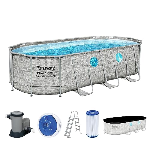 Bestway Power Steel Swim Vista Series Frame Pool Komplett-Set mit Filterpumpe 549 x 274 x 122 cm, Steinwand-Optik (Cremegrau), oval von Bestway