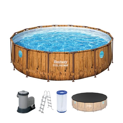 Bestway Power Steel Swim Vista Series Frame Pool Komplett-Set mit Filterpumpe Ø 488 x 122 cm, Holz-Optik (Pinie), rund von Bestway