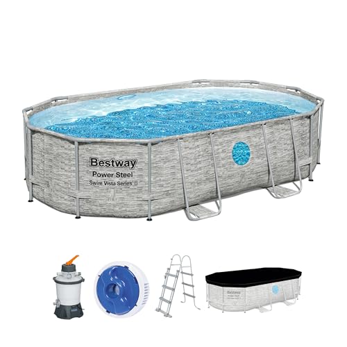 Bestway Power Steel Swim Vista Series Pool Komplett-Set, oval, mit Sandfilteranlage, Sicherheitsleiter und Abdeckplane 488 x 305 x 107 cm von Bestway