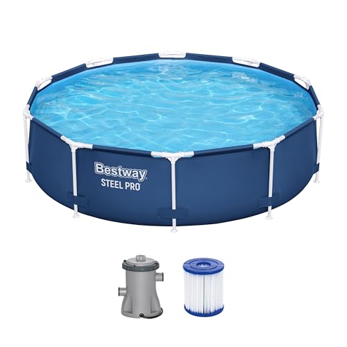 Bestway Steel Pro Frame Pool Set mit Filterpumpe Ø 305 x 76 cm, dunkelblau, rund von Bestway