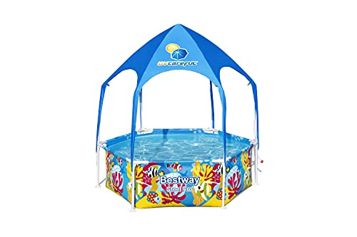 Bestway Steel Pro Frame Pool mit Sonnenschutzdach "Splash-in-Shade" ohne Pumpe Ø 183 x 51 cm, buntes Unterwasser-Design, rund von Bestway