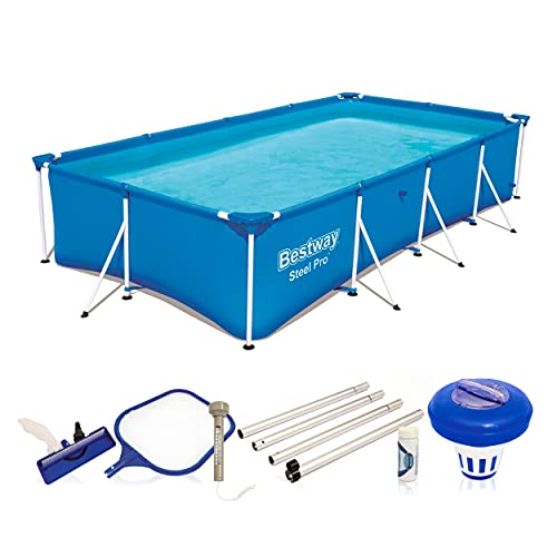 Bestway Steel Pro Gartenpool mit Reiningungsset - Stahlrahmenpool Rechteckig Schwimmbad Blau 400 x 211 x 81 cm mit Reinigung von Bestway