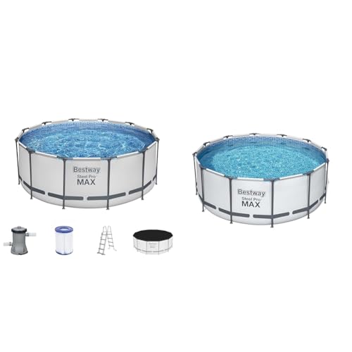 Bestway Steel Pro MAX Frame Pool Komplett-Set mit Filterpumpe Ø 366 x 122 cm, lichtgrau, rund & Flowclear™ Solarabdeckplane, Ø 356 cm, für runde 366 cm und 396 cm Aufstellpools, blau von Bestway