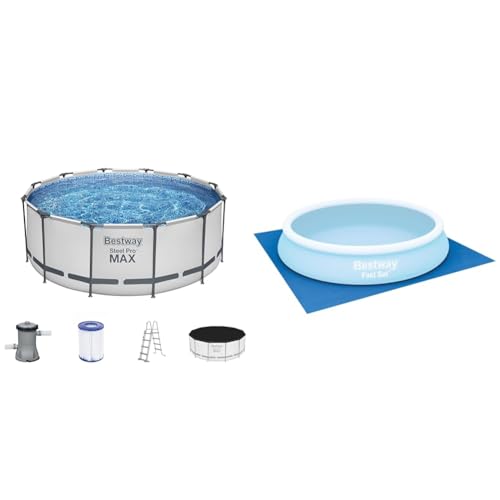 Bestway Steel Pro MAX Frame Pool Komplett-Set mit Filterpumpe Ø 366 x 122 cm, lichtgrau, rund & Flowclear™ quadratische Bodenplane, 396 x 396 cm, für Aufstellpools bis Ø 366 cm, blau von Bestway