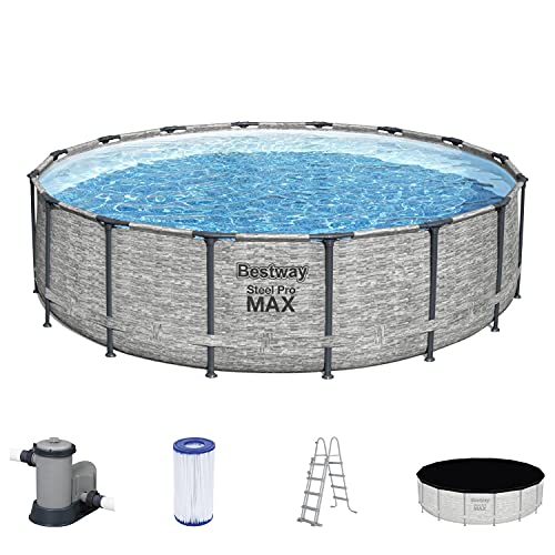 Bestway Steel Pro MAX Frame Pool Komplett-Set mit Filterpumpe Ø 488 x 122 cm, Steinwand-Optik (Cremegrau), rund von Bestway