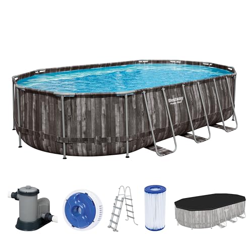 Bestway Power Steel Frame Pool Komplett-Set mit Filterpumpe 610 x 366 x 122 cm , Holz-Optik (Mooreiche), oval von Bestway