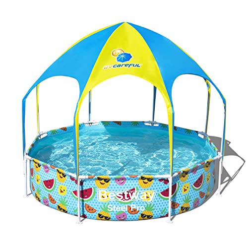 Bestway Steel Pro™ UV Careful™ Frame Pool, 244 x 51 cm, Splash-in-Shade, mit Sonnenschutzdach, ohne Pumpe, rund, bund von Bestway