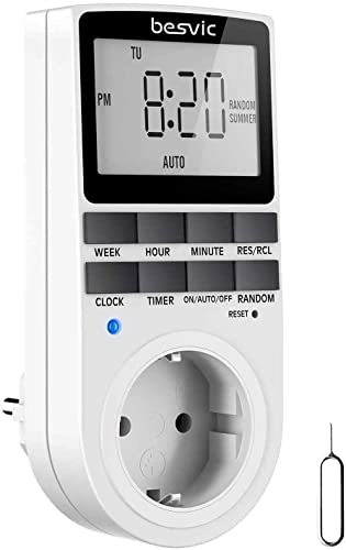 Digitale Zeitschaltuhr Steckdose, Besvic 3680W Timer Steckdose mit 10 täglichen konfigurierbaren Programmen, LCD Display und Anti-Theft-Zufallsmodus für Innen (1 Pack) von Besvic