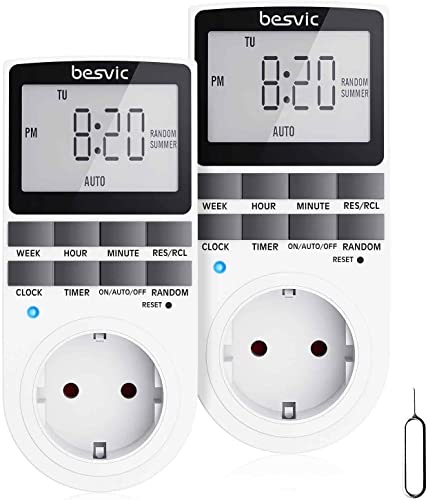 Digitale Zeitschaltuhr Steckdose, Besvic 3680W Timer Steckdose mit 10 täglichen konfigurierbaren Programmen, LCD Display und Anti-Theft-Zufallsmodus für Innen (2 Pack) Weiß von Besvic