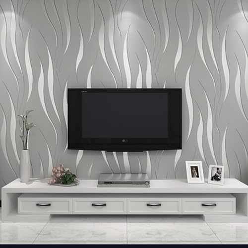 Beswitory 3D Effekt Wellen Geprägte Wandschutzfolie Silber Glitter Grau Tapete Rolle Moderne Minimalistische Vliestapete mit Wasserpflanzen Muster Wanddekoration für Wohnzimmer Schlafzimmer Büro von Beswitory