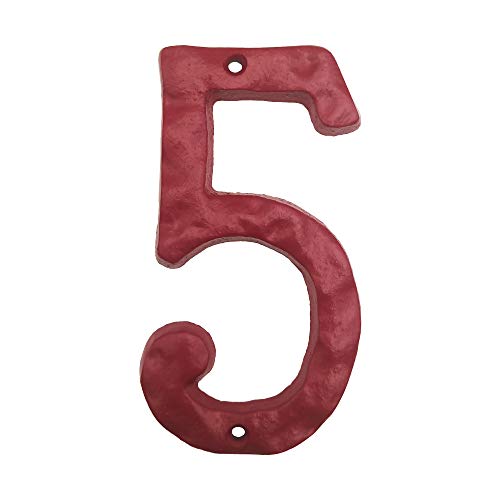 BetLight Hausnummer aus Gusseisen, 14 cm hoch, massiv gehämmert, elegantes rotes Finish, Nummer 5 von BetLight