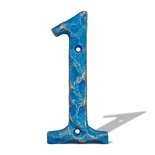 Hausnummern, 14 cm, einzigartige Adress-/Briefkastennummer aus Gusseisen, für Außen- oder Haustür, handgefertigt, goldfarben und blau (Nummer 1) von BetLight