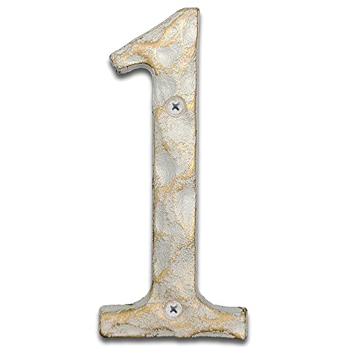 Hausnummern aus Gusseisen, 14 cm hoch, einzigartige Hausnummern/Buchstaben für Außen- oder Haustür, handgefertigt, Gold- und Weiß-Finish (Nummer 1) von BetLight
