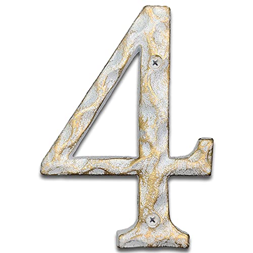 Hausnummern aus Gusseisen, 14 cm hoch, einzigartige Hausnummern/Buchstaben für Außen- oder Haustür, handgefertigt, Gold- und Weiß-Finish (Nummer 4) von BetLight