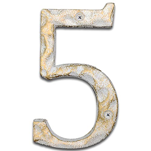 Hausnummern aus Gusseisen, 14 cm hoch, einzigartige Hausnummern/Buchstaben für Außen- oder Haustür, handgefertigt, Gold- und Weiß-Finish (Nummer 5) von BetLight