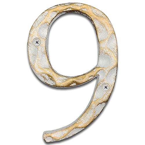 Hausnummern aus Gusseisen, 14 cm hoch, einzigartige Hausnummern/Buchstaben für Außen- oder Haustür, handgefertigt, Gold- und Weiß-Finish (Nummer 9) von BetLight