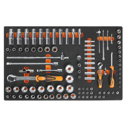 Beta M100 Werkzeug-Set im Schaumeinsatz (98-teilig: Sechskant-Steckschlüssel 1/2", 1/4", 3/8" verschiedene Größen und Verlängerungen, Umschaltknarre 1/2", 1/4" und vieles mehr), Schwarz/Orange von Beta