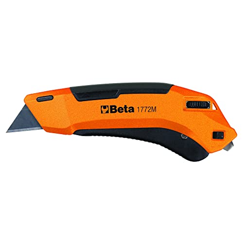 Beta 1772M Cuttermesser, Werkzeug (Sicherheits-Klappklinge, inkl. 4 Klingen, verstellbare Schnitttiefe 0-25 mm, Körper aus Druckgusslegierung), Schwarz/Orange von Beta