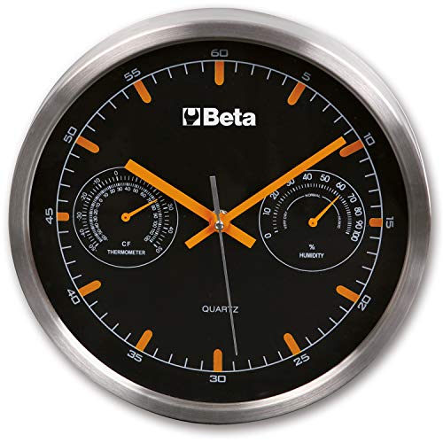 Beta 9594 Wanduhr mit Thermometer und Luftfeuchtigkeitsmesser, Multifunktionale Quarzuhr für die Werkstatt (26 cm Durchmesser, misst Temperatur und Luftfeuchtigkeit), Schwarz/Orange/Silber von Beta