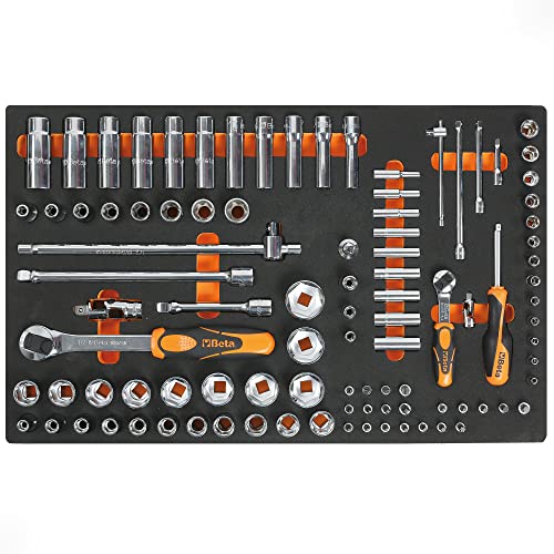 Beta M100 Werkzeug-Set im Schaumeinsatz (98-teilig: Sechskant-Steckschlüssel 1/2", 1/4", 3/8" verschiedene Größen und Verlängerungen, Umschaltknarre 1/2", 1/4" und vieles mehr), Schwarz/Orange von Beta