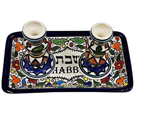 Bethlehem Gifts Shabbat-Kerzenhalter, jüdische Kerzenständer für Shabbat, armenische Keramik, Blumen-Design von Bethlehem Gifts TM