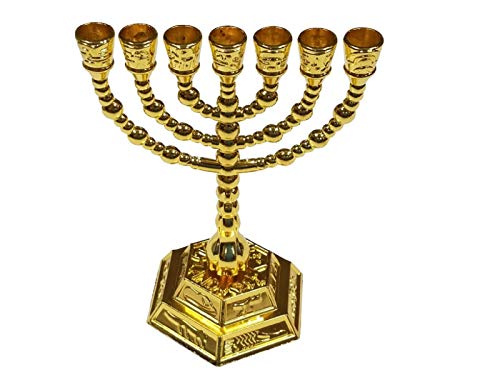 Bethlehem Gifts TM Menora mit 7 Zweigen, sechseckiger Sockel, 12 Stämme Israel, 12,7 cm, goldfarben von Bethlehem Gifts TM
