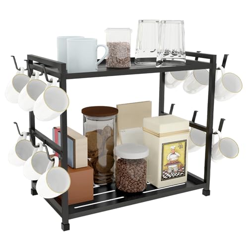 Bethom 2 Tier Kaffee Organizer Regal, Tassenhalter mit 12 Haken, Kaffeestation Tassenregal Schwarz Metall Tassenständer Gewürzregal für Küchenregal Arbeitsplatte Café Kaffeebar Zubehör von Bethom