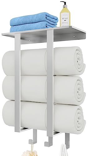 Handtuchregal Badezimmer Wand, BETHOM Handtuchhalter mit Regal, 50 cm Handtuchhalterung für gerollte Badetücher, Silber von Bethom