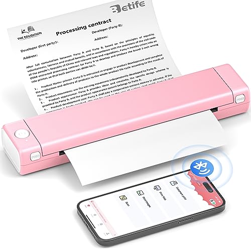 Betife Tragbarer Mobiler Drucker A4 Bluetooth Mini Drucker für die Reise, Kabelloser Thermodrucker ohne patronen unterstützt Thermopapier 210 x 297mm, Kompatibel mit Android iOS Mac (Rosa) von Betife