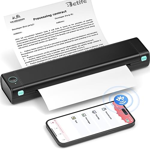 Betife Tragbarer Mobiler Drucker A4 Bluetooth Mini Drucker für die Reise, Kabelloser Thermodrucker ohne patronen unterstützt Thermopapier 210 x 297mm, Kompatibel mit Android iOS Mac (Schwarz) von Betife