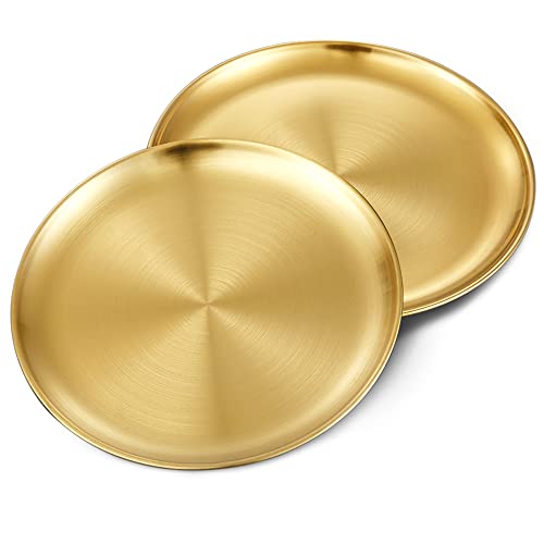 2 Stück Edelstahl Rundes Geschirr Silber Unterteller Edelstahlteller Servierteller Edelstahl Platzteller für Camping, Küche, Party(Gold, 26 cm) von Betinyar