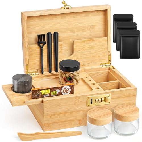 Betoores Groß Bambus Aufbewahrungsbox Set mit Zahlenschloss, Bambusbox mit Abnehmbares Rolltablett, Grinder, 2 Glasbehälter und Pinsel, Holz Stash Box mit 2 Konische Röhrchen, Alle Zubehör von Betoores
