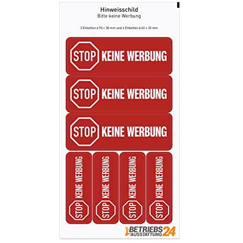 7 x STOP keine Werbung Aufkleber - PROTECT-Folie, selbstklebend - 3 Stk. 9,0 x 3,0 cm / 4 Stk. 6,0 x 2,0 cm - Kratz- & abriebfest - Farbe:rot Für Innen & Außen - Betriebsausstattung24 von Betriebsausstattung24