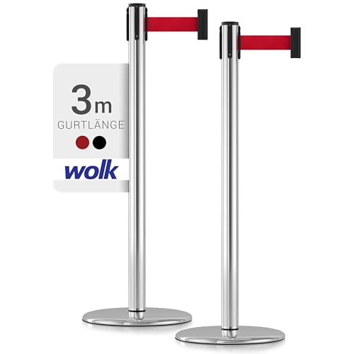 Gurtpfosten Edelstahl hochglanzpoliert - 2er Set - Pfostenhöhe: 95,5 cm, Gurtlänge: 3,0 m, Gurtbandbreite: 4,8 cm - Gurtfarbe: rot - von wolk