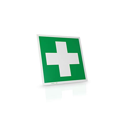 Betriebsausstattung24® Erste-Hilfe-Schild langnachleuchtend | Rettungszeichen Erste Hilfe | DIN 4844-2 D-E003 | Norm BGV A8 E03 | SR A1.3 E003 (Folie langnachleuchtend, 5,0 x 5,0) von Betriebsausstattung24