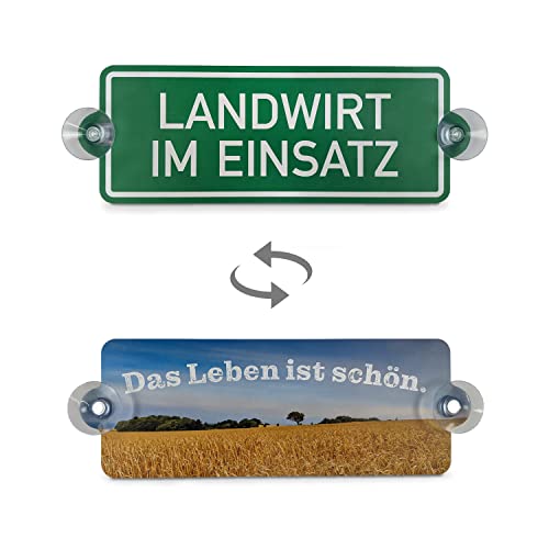 Betriebsausstattung24® Fahrzeugkennzeichnung "Landwirt im Einsatz" | Aluminiumverbundplatte 29,7 x 10,5 cm | Doppelseitig bedruckt mit Feldmotiv | Inkl. Saugnäpfe | Kfz Markierung | Traktor Schild von Betriebsausstattung24