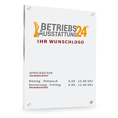 Betriebsausstattung24® Individuell gefertigtes Türschild mit Wunschlogo & Text | Acrylglas, 21,0 x 29,7 cm / DIN A4 Hochformat | Inkl. 4 Abstandhaltern aus Edelstahl | Zum Verschrauben von Betriebsausstattung24