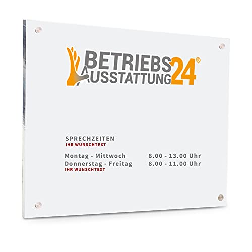 Betriebsausstattung24® Individuell gefertigtes Türschild mit Wunschlogo & Text | Acrylglas, 29,7 x 21,0 cm / DIN A4 Querformat | Inkl. 4 Abstandhaltern aus Edelstahl | Zum Verschrauben von Betriebsausstattung24