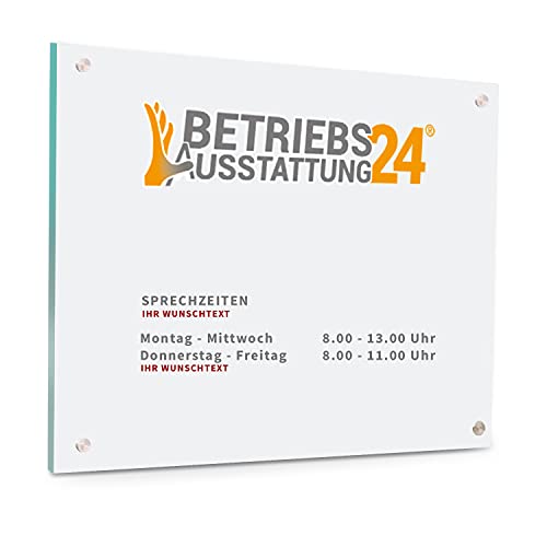 Betriebsausstattung24® Individuell gefertigtes Türschild mit Wunschlogo & Text | ESG-Sicherheitsglas, 42,0 x 29,7 cm / DIN A3 Querformat | Inkl. 4 Abstandhaltern aus Edelstahl | Zum Verschrauben von Betriebsausstattung24