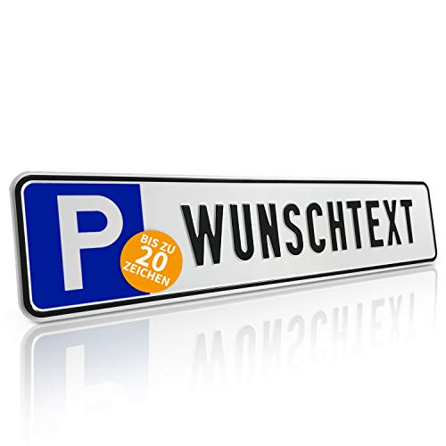 Betriebsausstattung24® Individuelles Parkplatzschild mit Wunschprägung/Wunschtext mit P-Symbol | BxH 52,0 x 11,0 cm | Autoschild Aluminium geprägt | mit/ohne Löcher weiß von Betriebsausstattung24