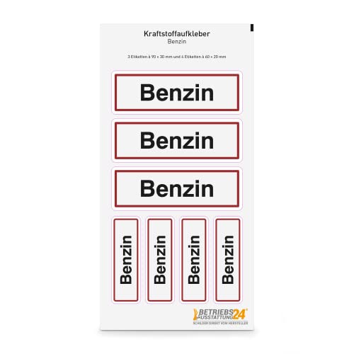 Betriebsausstattung24® Kraftstoffaufkleber "Benzin" auf Bogen | Selbstklebende PROTECT-Folie | 3 Stk 9,0 x 3,0 cm / 4 Stk: 6,0 x 2,0 cm | Kennzeichnung für Benzinkanister | Tankdeckel Hinweis von Betriebsausstattung24