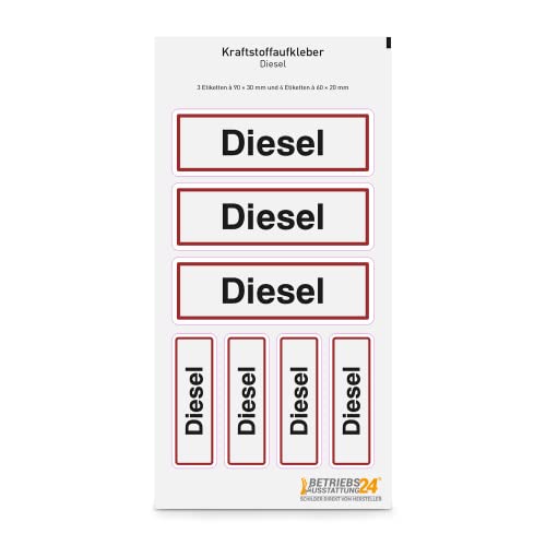 Betriebsausstattung24® Kraftstoffaufkleber "Diesel" auf Bogen | Selbstklebende PROTECT-Folie | 3 Stk 9,0 x 3,0 cm / 4 Stk: 6,0 x 2,0 cm | Kennzeichnung für Benzinkanister | Tankdeckel Hinweis von Betriebsausstattung24