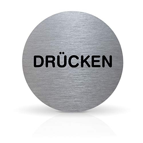 Betriebsausstattung24® Türschild Piktogramm „DÜRCKEN“ - Rundes Hinweisschild aus Aluminium - Für Ihre Tür & Wand - Silber - Durchmesser Ø 7,0 cm - Inkl. Klebepad von Betriebsausstattung24