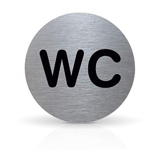 Betriebsausstattung24® Türschild Piktogramm „WC“ - Rundes Hinweisschild aus Aluminium - Für Ihre Tür & Wand - Silber - Durchmesser Ø 7,0 cm - Inkl. Klebepad von Betriebsausstattung24