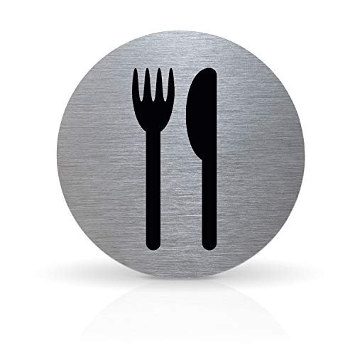 Betriebsausstattung24® Türschild Piktogramm Cafeteria/Restaurant- Rundes Hinweisschild aus Aluminium - Für Ihre Tür & Wand - Silber - Durchmesser Ø 7,0 cm - Inkl. Klebepad von Betriebsausstattung24