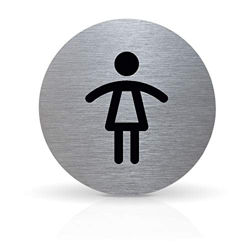 Betriebsausstattung24® Türschild Piktogramm Damen - Rundes Hinweisschild aus Aluminium - Für Ihre Tür & Wand - Silber - Durchmesser Ø 7,0 cm - Inkl. Klebepad von Betriebsausstattung24