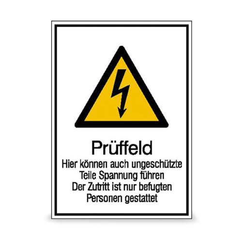 Betriebsausstattung24 Warn-Kombischild „Prüffeld - hier können auch ungeschützte Teile ...“ - Aluminium, 21,0 x 29,7 cm - Sicherheitsschild/Warnschild von Betriebsausstattung24