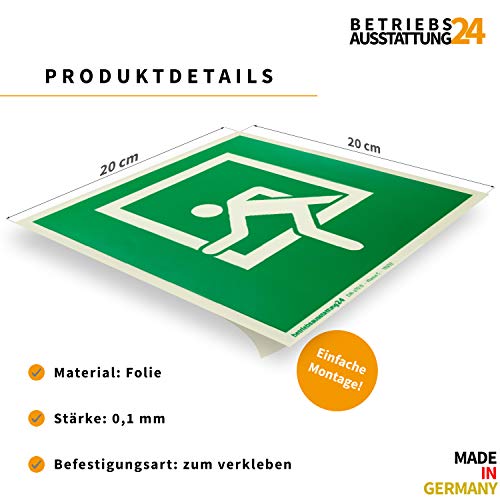 Betriebsausstattung24 Notausstieg Schild - Folie - langnachleuchtend, selbstklebend - 20 x 20 cm - Symbol Schild l DIN 67510 Klasse C - Leuchtdichte 150 mcd - Fluchtwegschild von Betriebsausstattung24