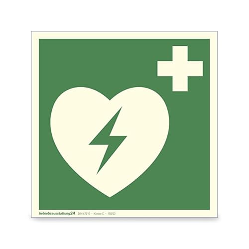 Betriebsausstattung24 Erste-Hilfe-Schild Automatisierter Externer Defibrillator (AED) - selbstklebende Folie, langnachleuchtend 15 x 15 cm - ASR A1.3 ISO 7010 E010 - DIN 67510 Klasse C von Betriebsausstattung24